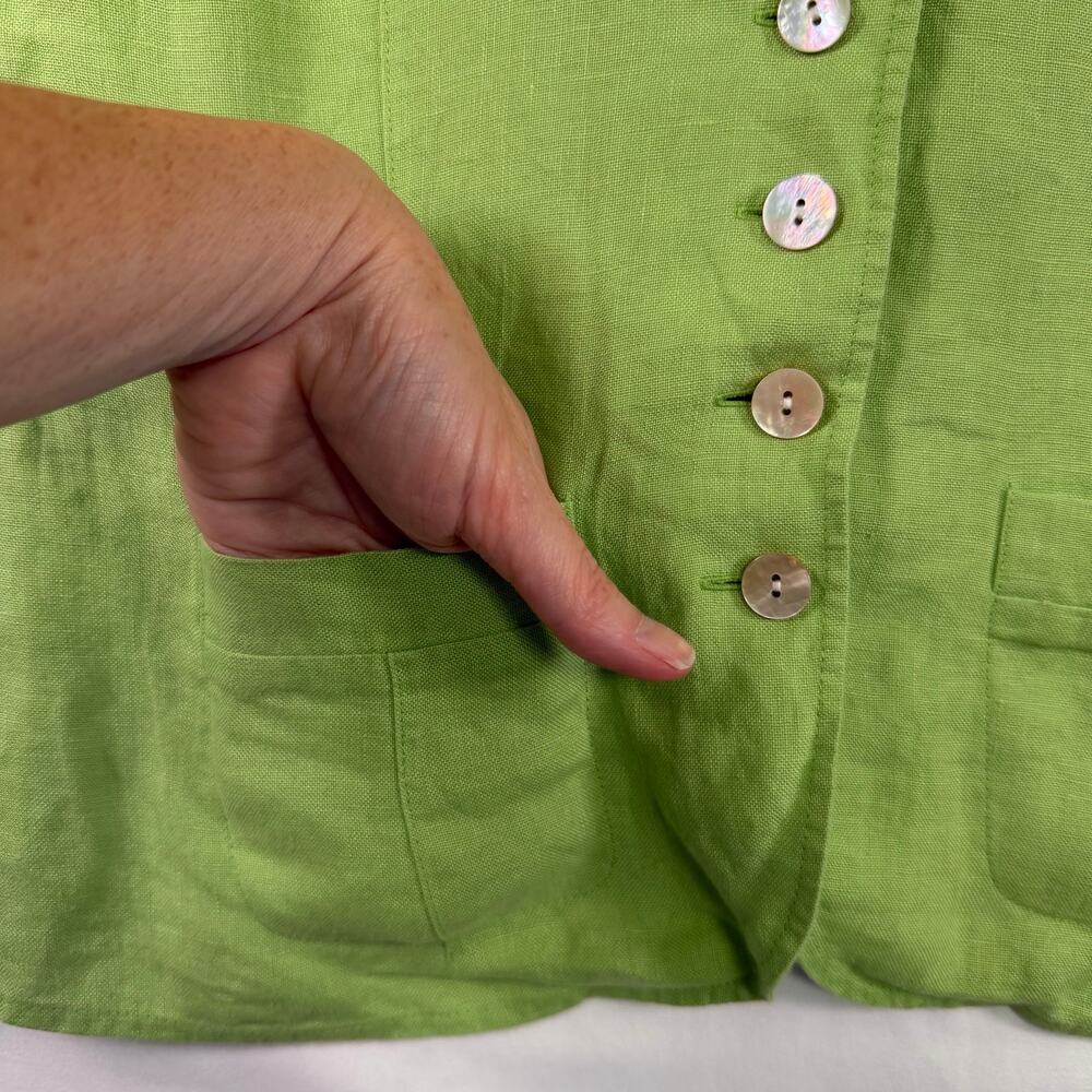 Talbots Women’s 2 Petite Irish Linen Blouse Green Ruffled Sleeves Button Up EUC - Picture 7 of 8